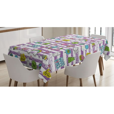 Good Vibes Tablecloth, Purple Stripes with Grunge Look Cheerful Cartoon Characters 80s 90s Style Retro, Rectangular Table Cover for Dining Room Kitchen, 52 X 70 Inches, Multicolor, by Ambesonne