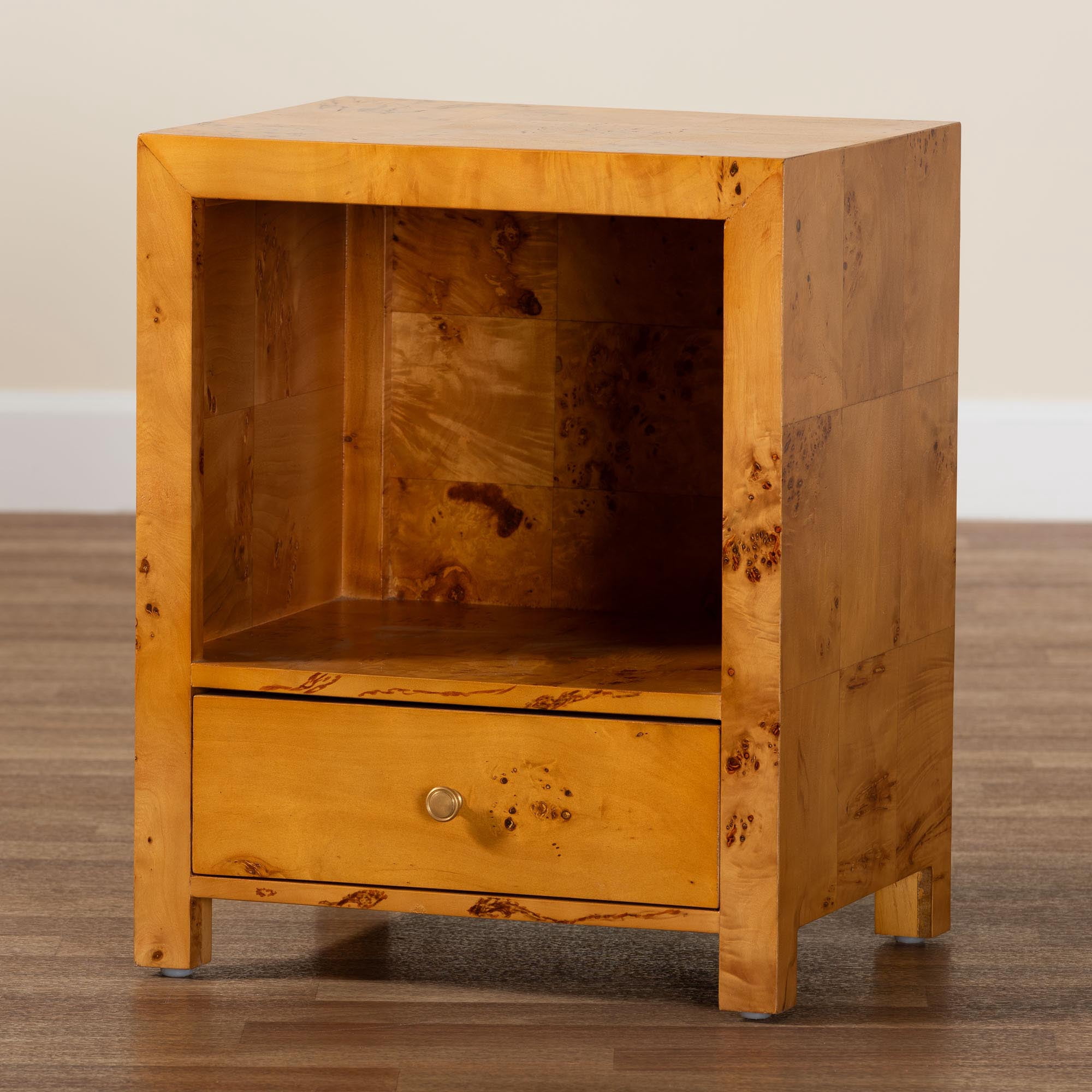 bali & pari Camira Modern Nightstand, 1-Drawer, Light Mappa Burl