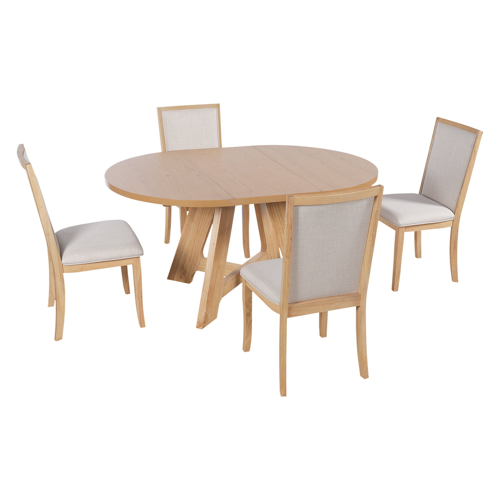 Euroco 5-Piece Round Dining Table Set for 4, Farmhouse Extendable Kitchen Table Set with Removable Leaf and 4 Upholstered Chairs for Small Places,Natural