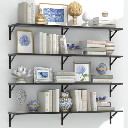 Floating Shelves for Wall 36 Inches Long Set of 4, Large Black Floating Book Shelves Wall Mounted, Heavy Duty Bedroom Shelves for Living Room, Office, Kitchen, Library, Laundry