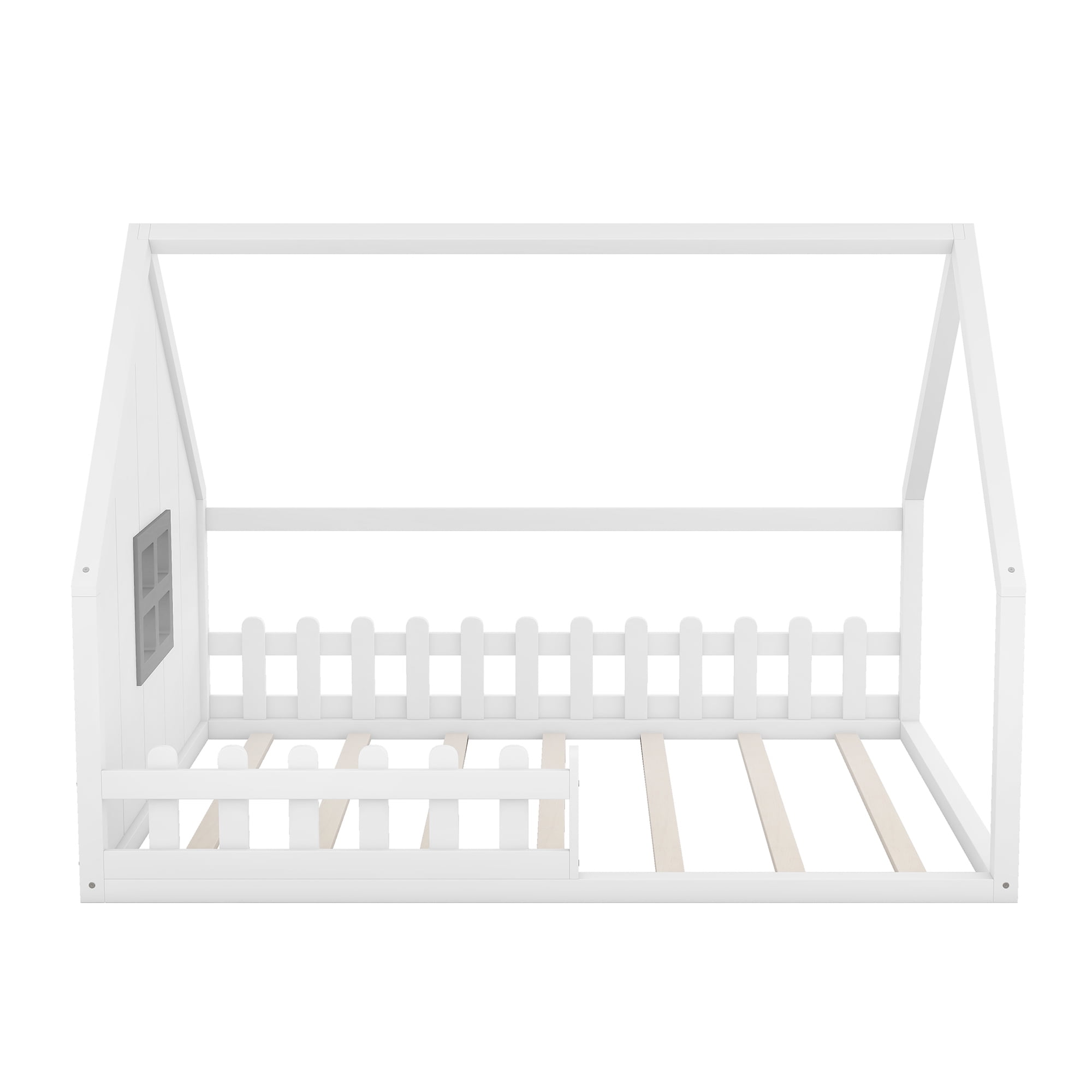 Gewnee Full Size House Bed with Fence, Wooden Montessori Floor Bed with Window for Toddler Kids,White