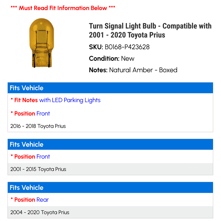 Turn Signal Light Bulb - Compatible with 2001 - 2020 Toyota Prius 