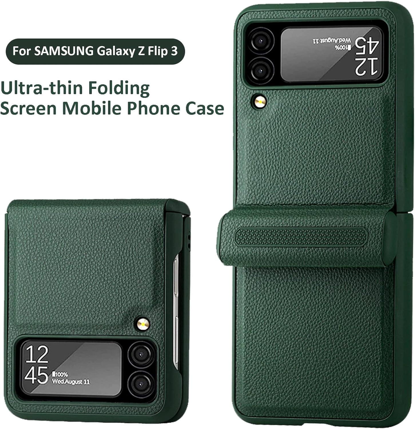 Compatible Samsung Z Flip 3 5G Case with Hinge Protection Screen Protector,All Around Protection Ultra Thin PU Leather+PC Case Galaxy Z Flip 3 Case for Samsung Flip 3 Phone Case Cute– Green