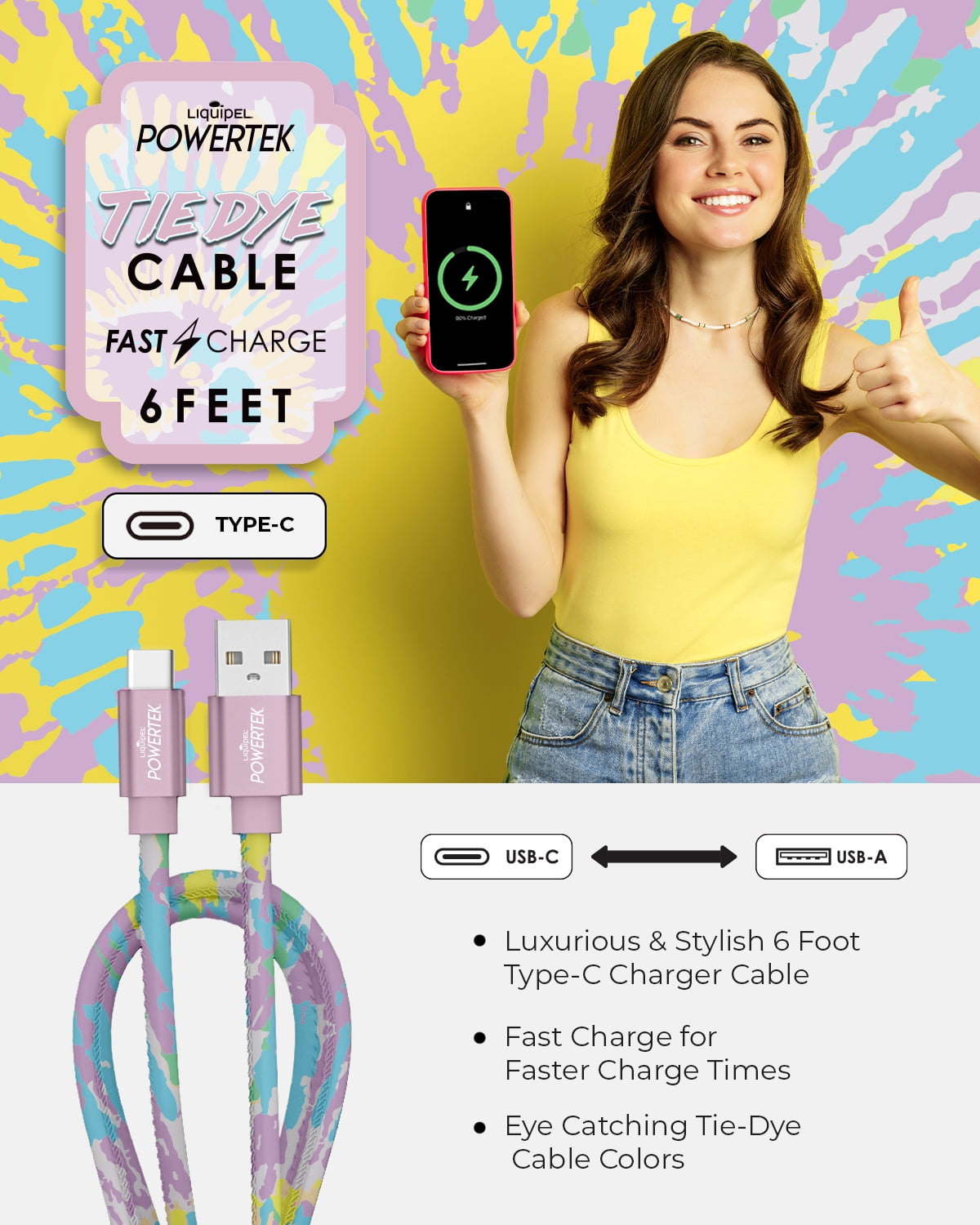 Liquipel Powertek Type-C Fast Charger Cable, 6ft USB-C for Galaxy, Note, Tab, MacBook, Tie Dye