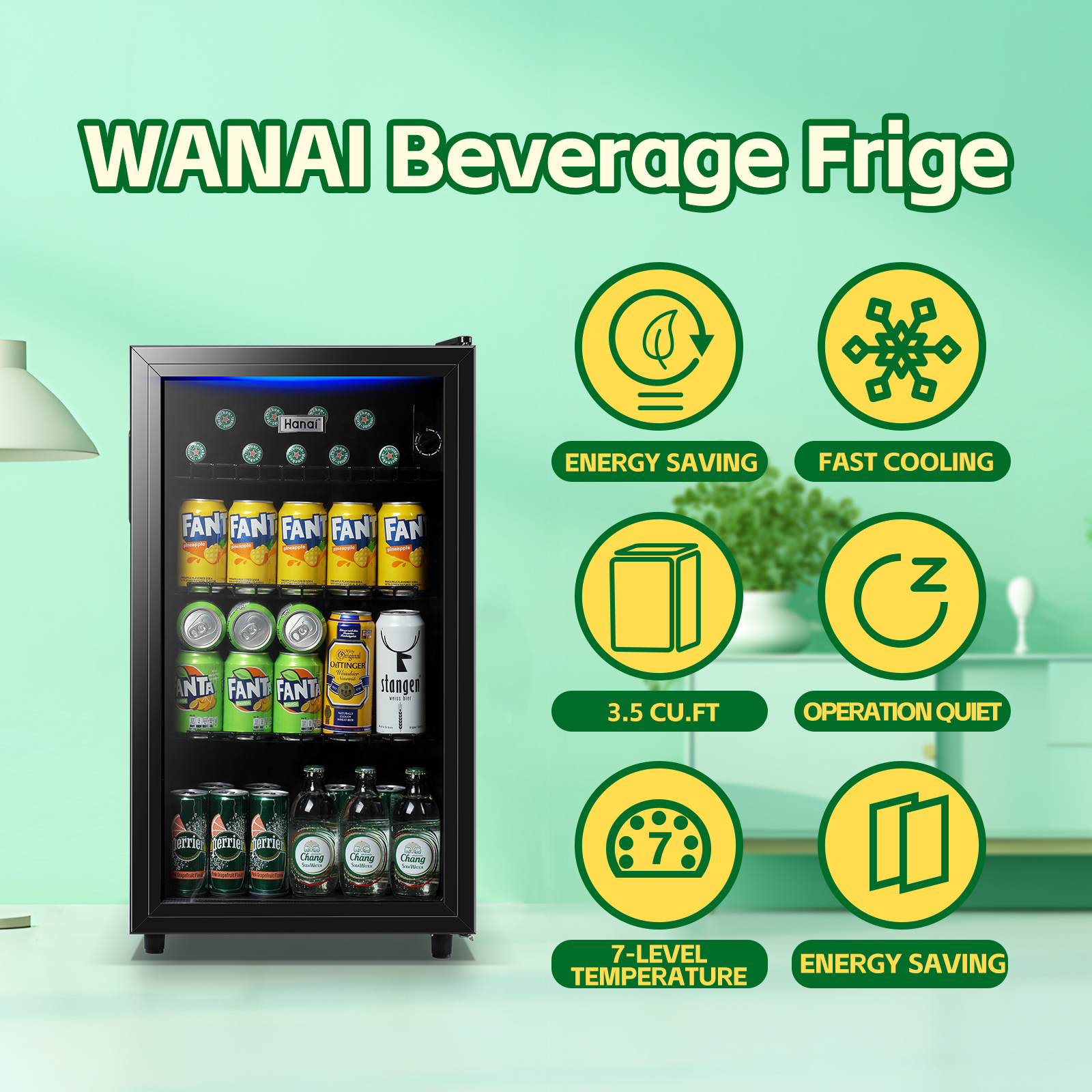 WANAI Beverage Refrigerator Cooler 3.5 Cu.ft Beer Fridge with Glass Door LED Light Adjustable Shelf