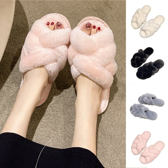 Winter House Slippers for Woman Casual Winter Velvet Warm Solid Color Open Toe Slip-on Indoor Outdoor Thick Soled Slippers