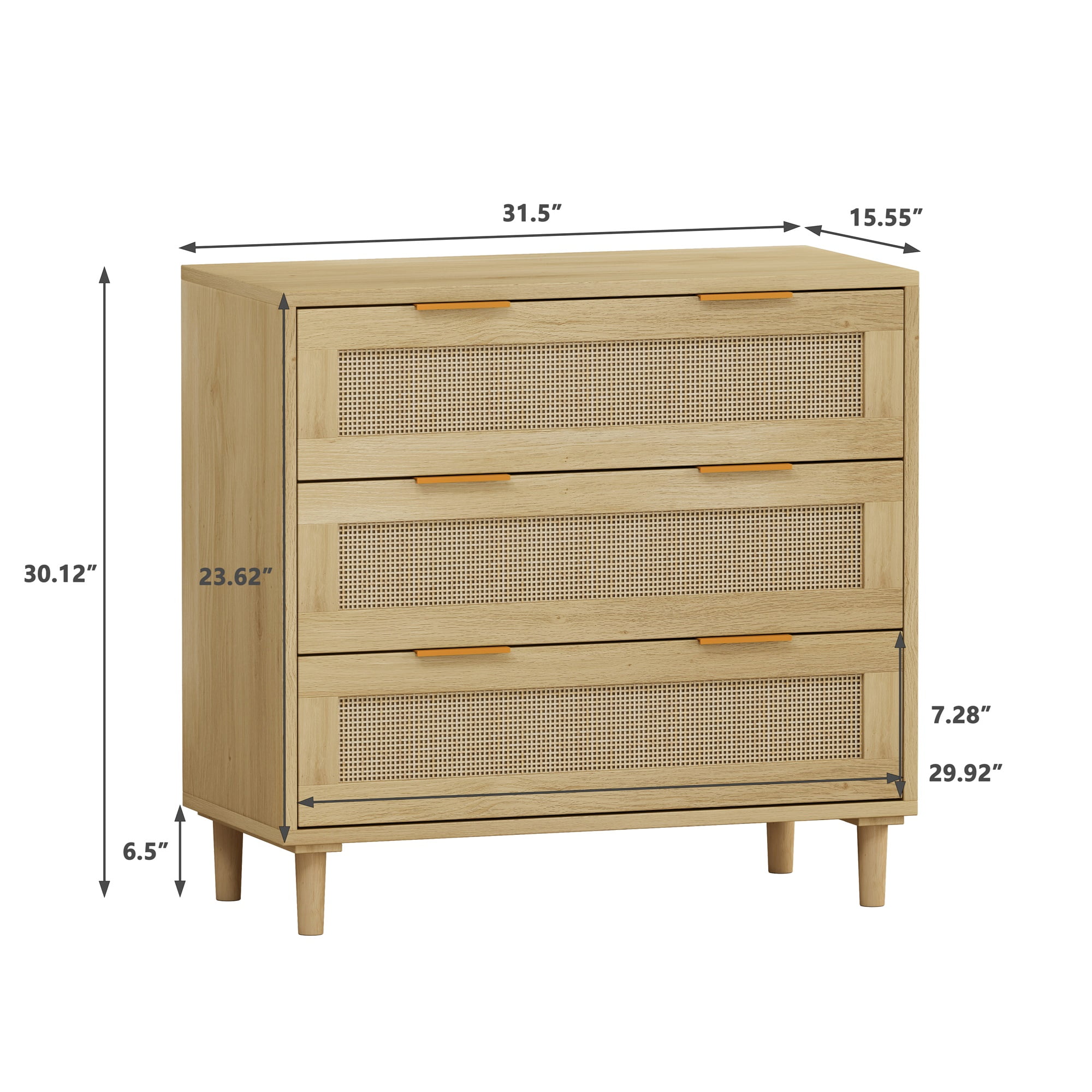 Kadyn 3-Drawers Dresser Cabinet, Rattan Storage Cabinet for Living Room, Dressers & Chests of Drawers for Hallways, Oak Kadyn 3-Drawers Dresser Cabinet, Rattan Storage Cabinet for Living Room, Dressers & Chests of Drawers for Hallways, Oak