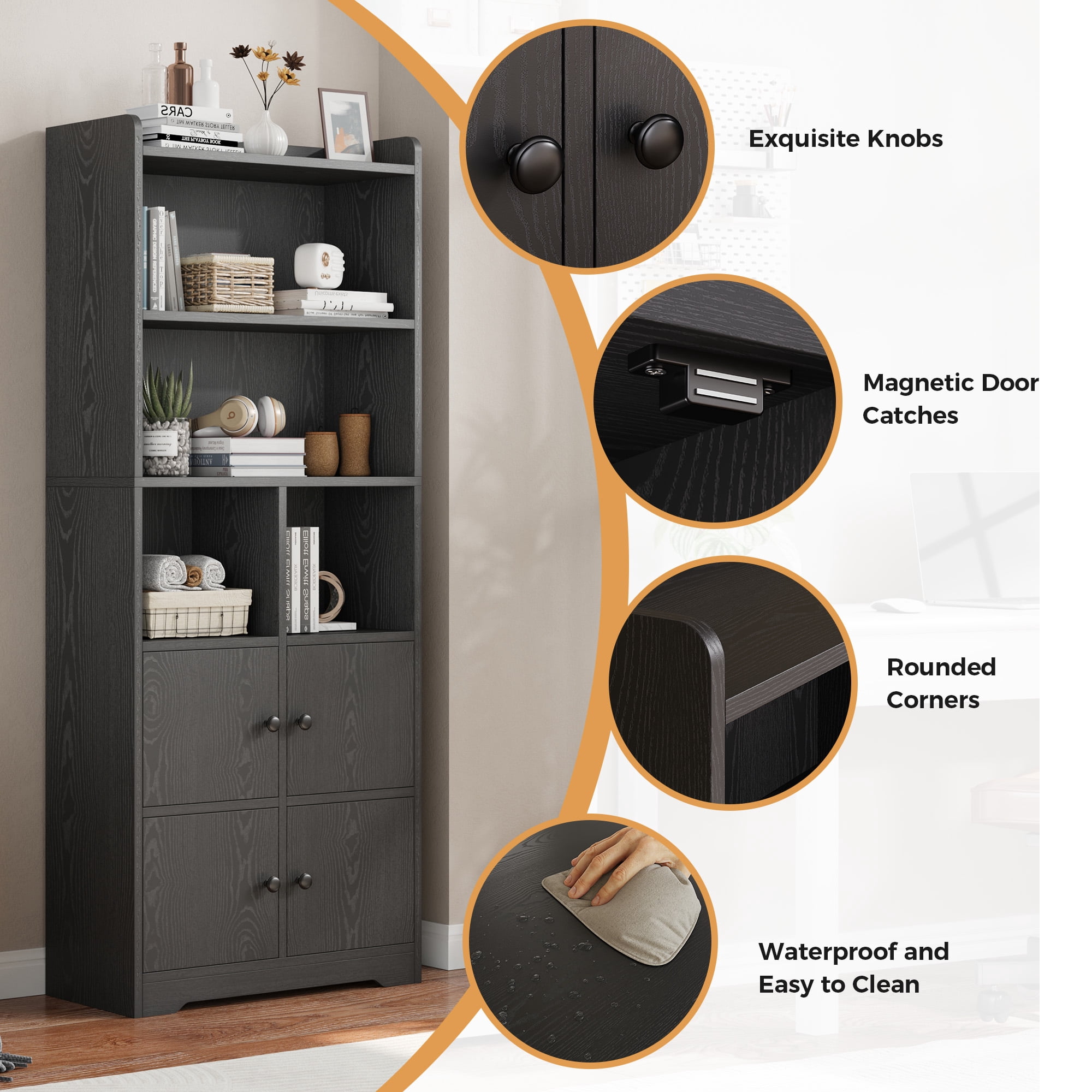 IRONCK 5-Tier Bookcases with Doors, 63" Tall Cube Storage Shelf, Freestanding Bookshelf for Home Office Living Room, Black