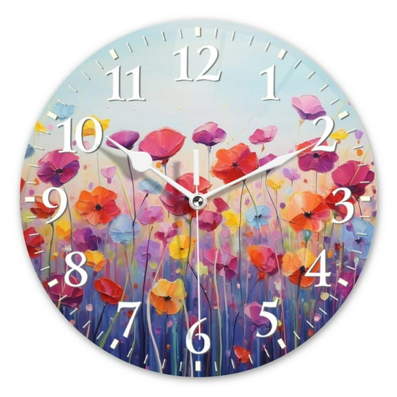 Decorative Round Wall Clocks Non-Ticking Silent Battery Operated Clocks with Photo for Bedroom,Living Room-Vibrant Wildflowers In Field Of Flowers(10inch)