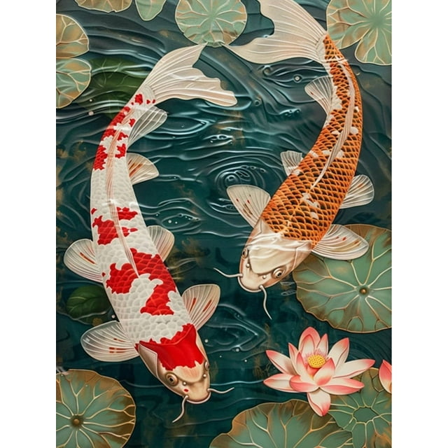 Fish lotus Full Square Round Rhinestone Kit Embroidery Animal Mosaic Needlework Handmade, 30*40cm, Frame not included.,SY1867