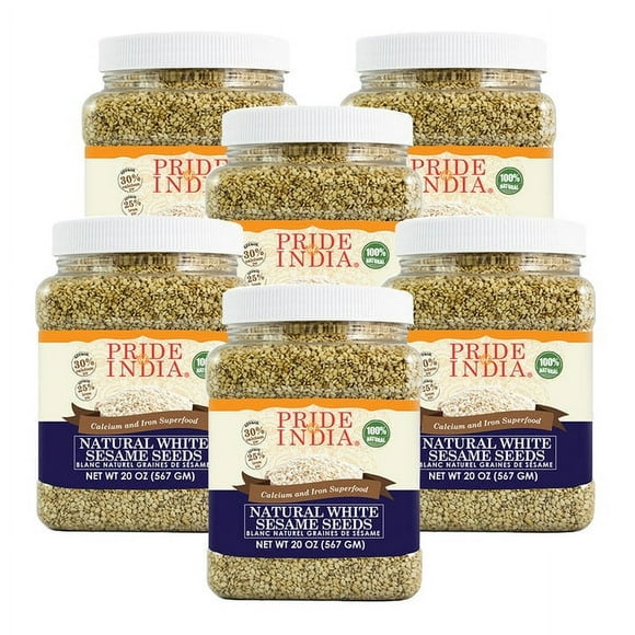 Pride Of India - PACK of 6 - White Sesame Seeds Unhulled - Calcium & Iron Superfood, 1.25 Pound (20oz) Jar