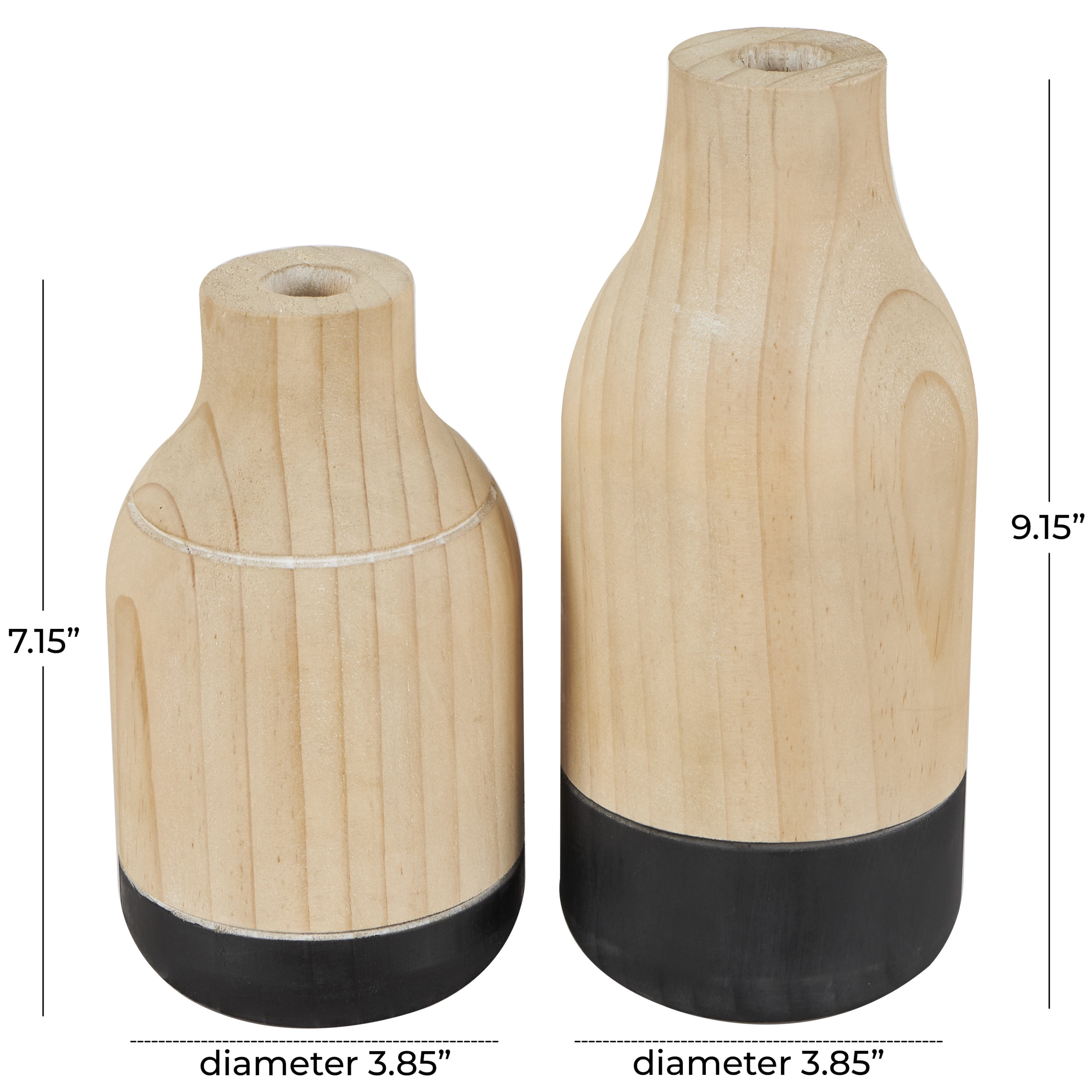 DecMode 9", 7"H Colorblock Light Brown Wood Vase with Black Bases, Set of 2