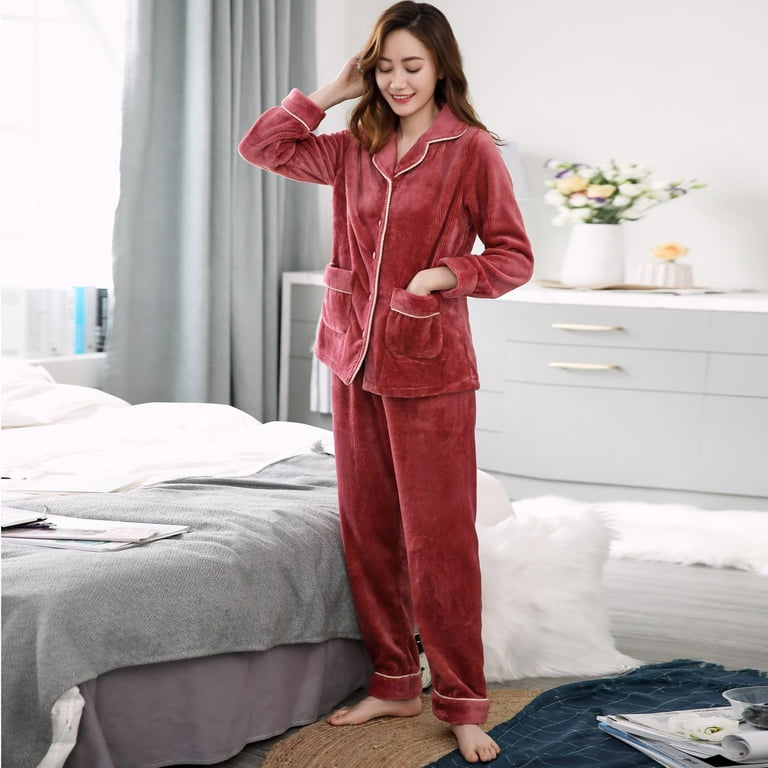 Women's Autumn And Winter Thickened Warm Coral Velvet Long Sleeve+Pants  Worn Out Home Pajama Suit Tietoc