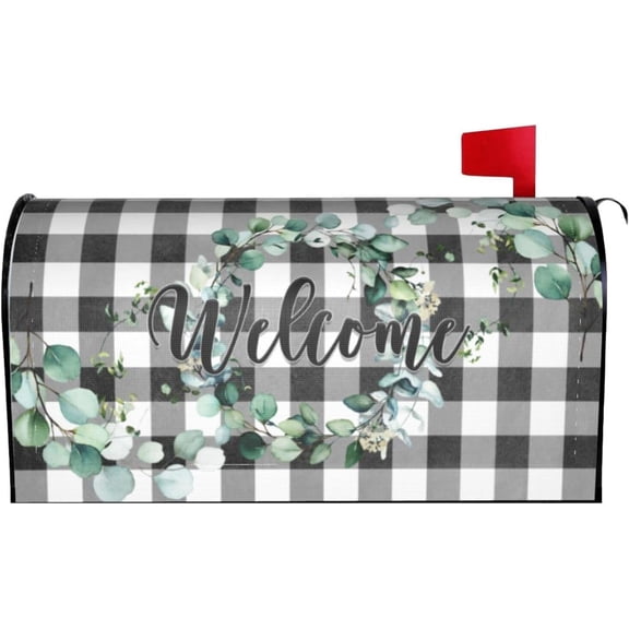 Spring Welcome Mailbox Covers Magnetic Standard Size 18 X 21 Green Leaf Black White Buffalo Plaid Mailbox Cover Holiday Decorations Mailbox Wrap Post Letter Box Cover Decor for Home Outdoor Garden