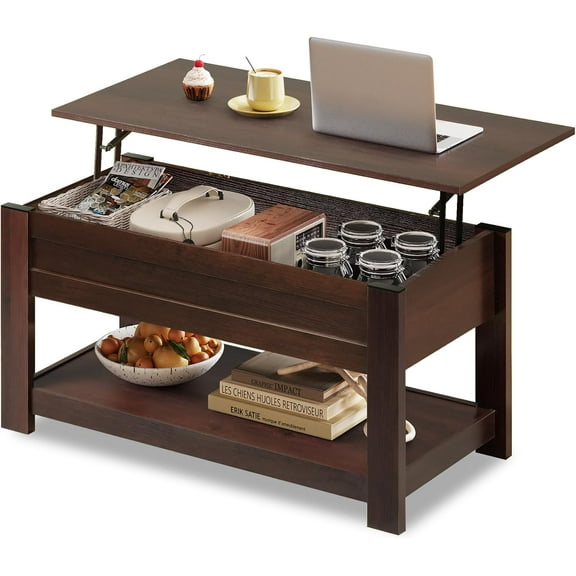 Coffee Table, 39" Lift Top Coffee Table with Hidden Compartment and Storage Shelf for Living Room, Red-Brown