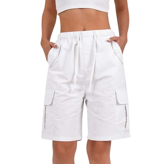 Women Cargo Shorts with Pockets Adjustable Waist Solid Color Summer Fashion,White,2XL