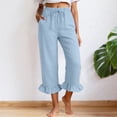 thumbnail image 2 of felwors Linen Blend Capri Pants with Ruffled Cuffs Women's Elastic Waist Wide Leg (Light Blue, XL), 2 of 8