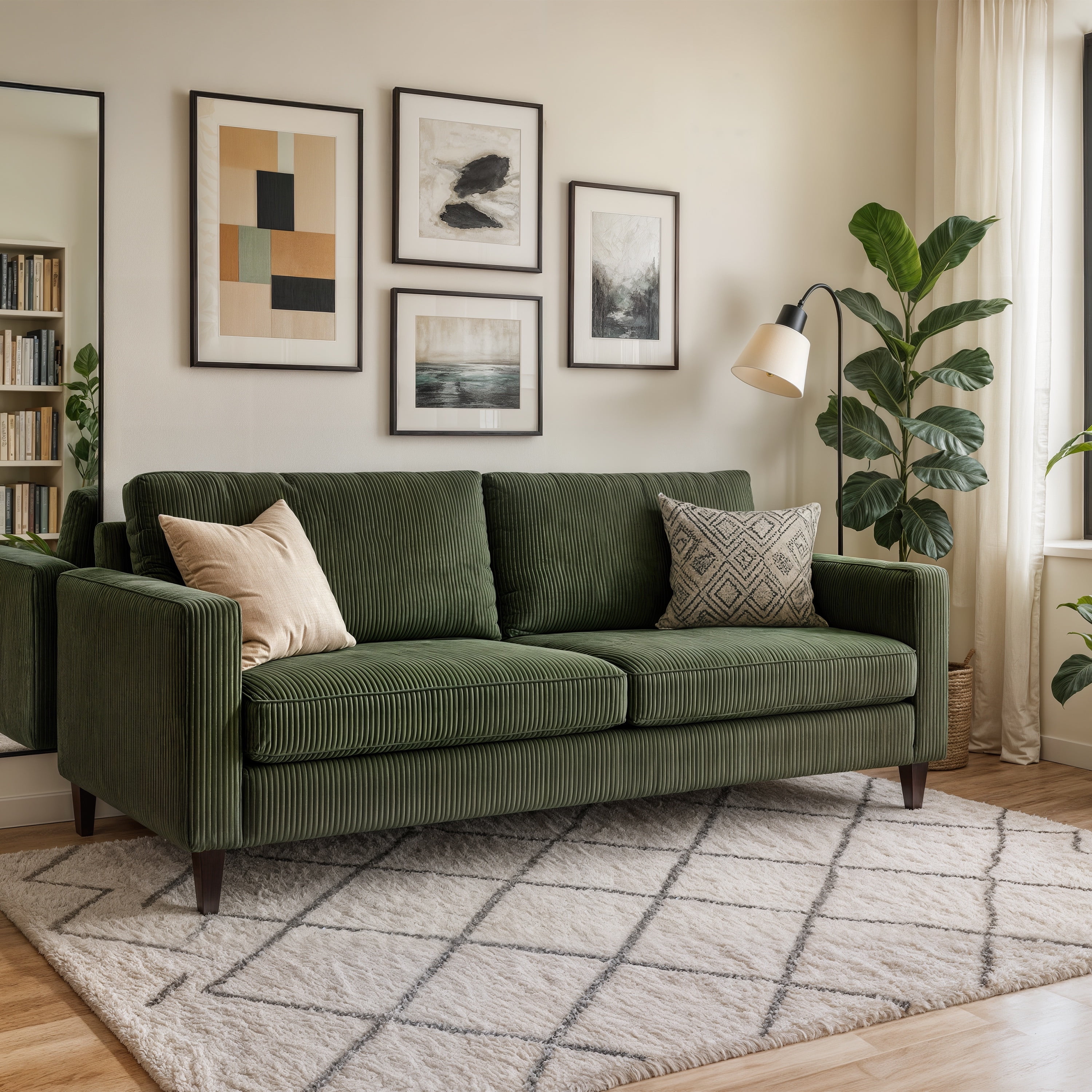 CorLiving Alton Green Corduroy Upholstered 3 Seater Sofa with Wood Legs