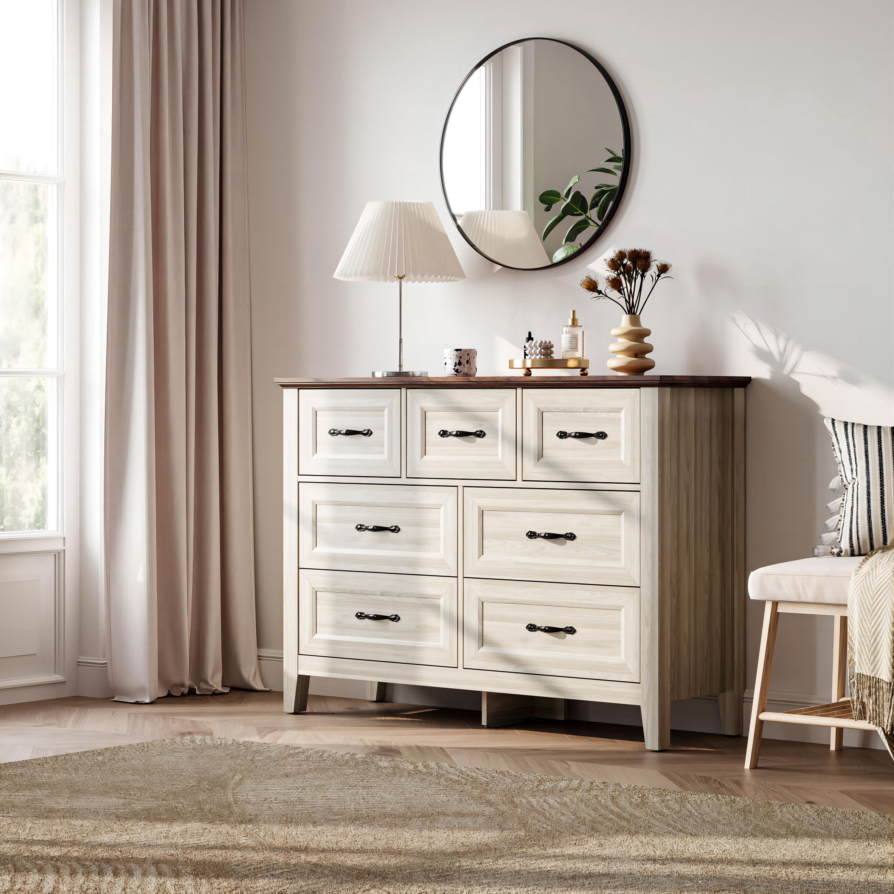 LINSY HOME Dresser for Bedroom, Long Dresser with 7 Drawers and Antique Handles, Chest of Drawers for Living Room, Entryway and Hallway, Rustic Oak