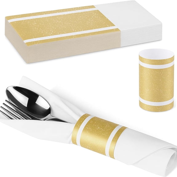 NORIZF 100 Pcs Napkin Bands Paper Napkin Rings Self Adhesive,Silverware Wraps Bands for Wedding Party Event Dinner Table Setting(Gold Self Adhesive Napkin Rings)
