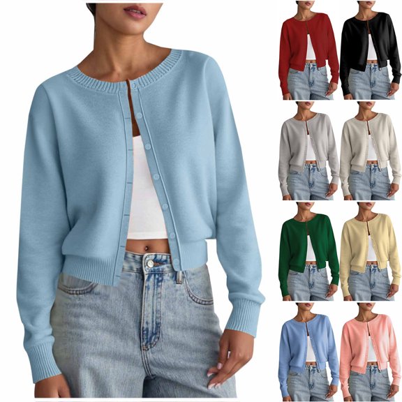 EaskTriop Women's Cropped Cardigan Sweaters Lightweight Knit Shrug Crew Neck Long Sleeve Button down Cardigan Tops