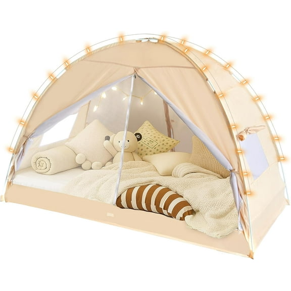 XH Bed Canopy for Kids/Adults,Mosquito Net & Privacy Tent 2-in-1 Bed Tent, Mesh & Blackout Cloth Double Design Dream Tent,Indoor Safety Bed Tent for Girls/Boys Twin & String Lights (No Mattress)