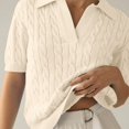 thumbnail image 6 of frariair Women Knit Pullover Sweater With Lapel Collar And Short Sleeve Casual V Neckline Top For Everyday Comfort Wear Beige L, 6 of 7