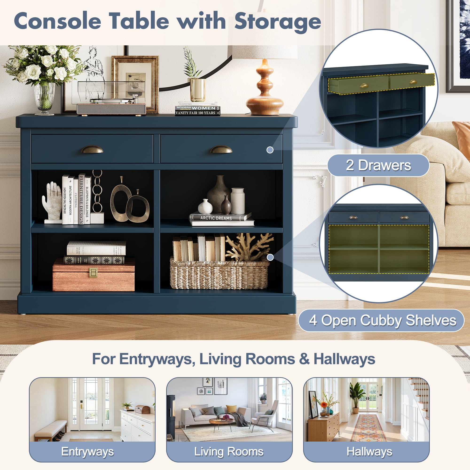 Euroco 47" Long Console Table, Wood Narrow Sofa Table with Open Storage Shelves & 2 Drawers,Entryway Table Accent Table for Living Room, Hallway,Navy