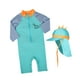 thumbnail image 3 of Traje de baño para niños, ropa de playa de manga larga, traje de baño divertido, protección solar bonita con sombrero, traje de baño de verano con cre Azul, 3 of 8