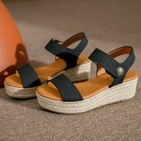 

Binmer Women s Straw Shoes Platform Open Toe Anti-Slip Temperament Wedge Sand