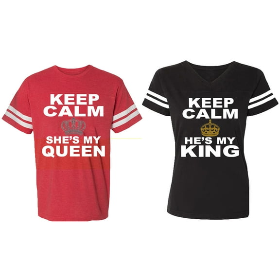 Keep Calm King Queen Matching Couple Cotton Jerseys (Men Red / Women Black) (Men S / Women S)