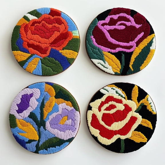 4 Set DIY Punch Needle Coaster Kits Red Rose Flower Easy for Beginners with Adhesive Felt Hoop Punch Needle Embroidery Starter Set with Pattern for Drink Cups Mat Home Decor-2