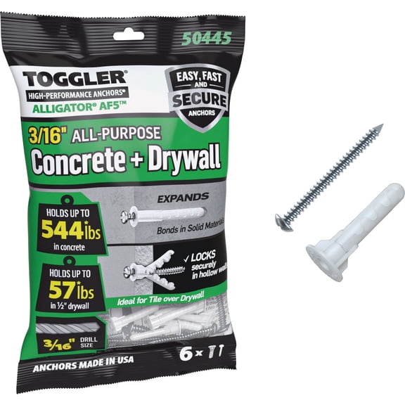 TOGGLER Alligator AF5 Flanged Anchor with Screws, Polypropylene, Made in US, for #4 to #9 Fastener Sizes 6