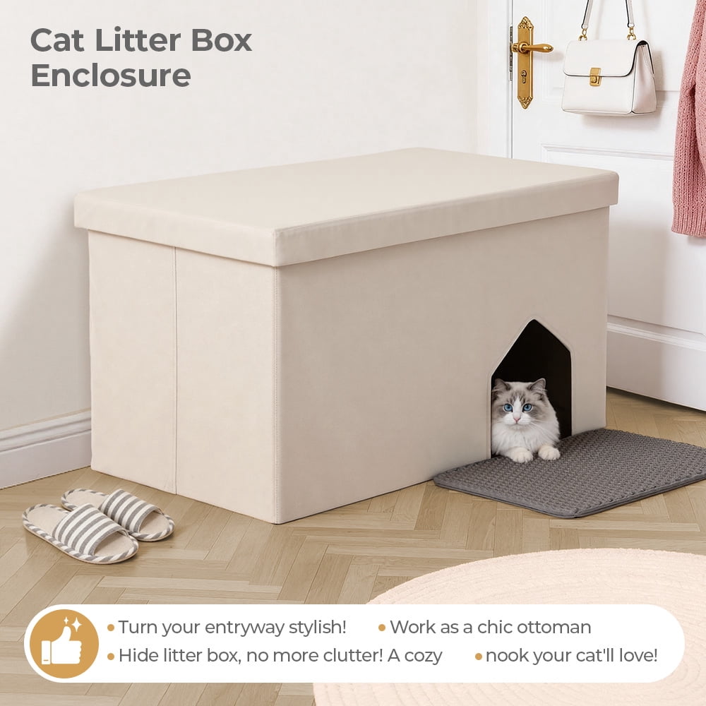 DOMIPET Cat Litter Box Enclosure Hidden Furniture, Multi-Functional Hidden Litter Box Furniture Bench, Dog Proof, Space-Saving Ottoman Cabinet, Foldable Storage Footrest