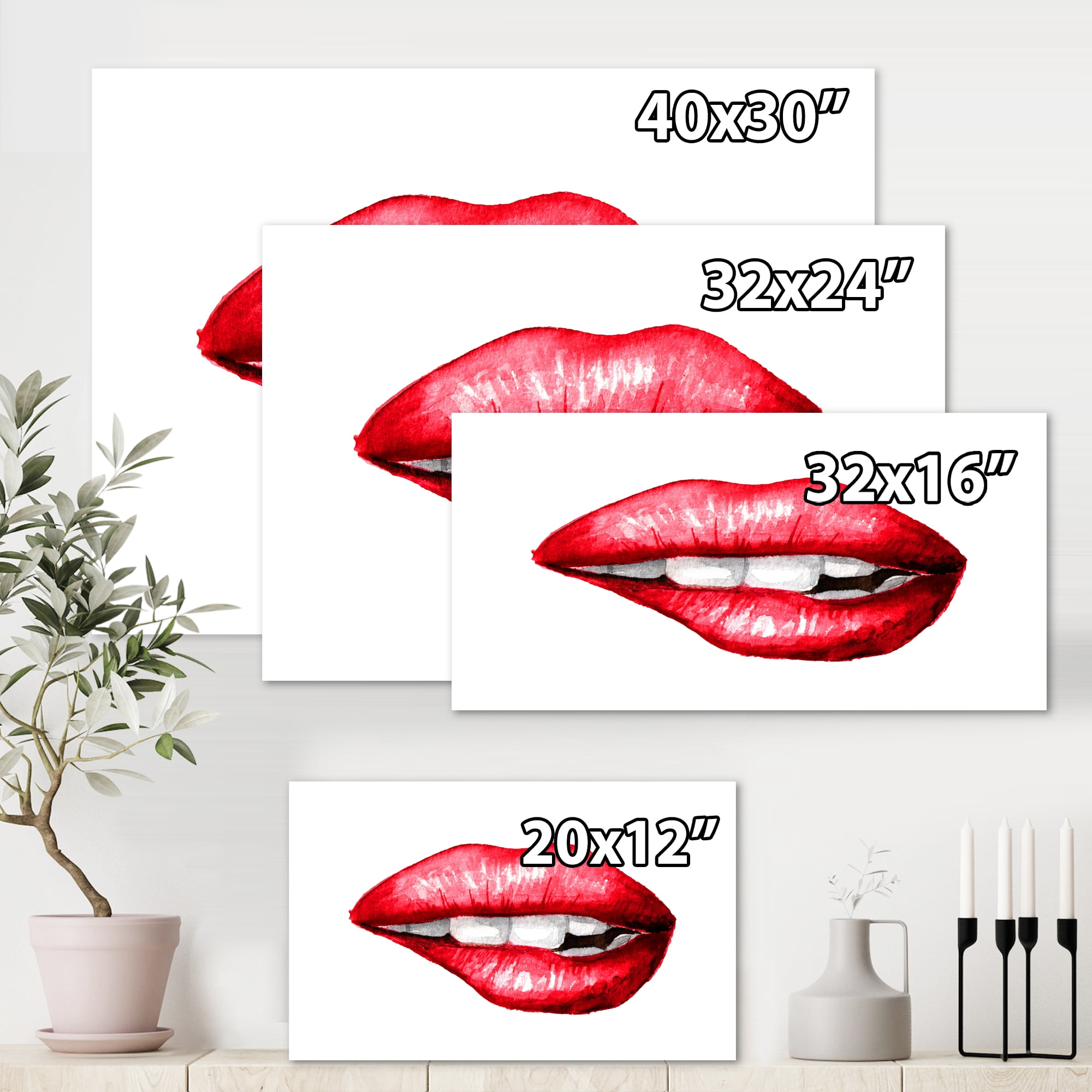 Designart ' Sexy Plump Puffy Girl Lips Biting ' Modern Canvas Wall Art Print