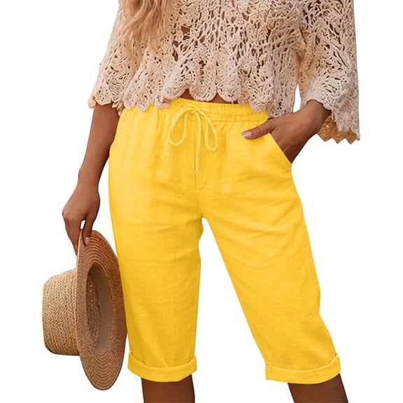 Busydd Womens Capri Pants with Pockets Elastic Waistband Drawstring Summer Pants Solid Color Rolled Cuffs Calf-Length Casual Pants for Women S