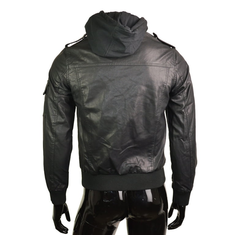Leather jacket with top built in hoodie