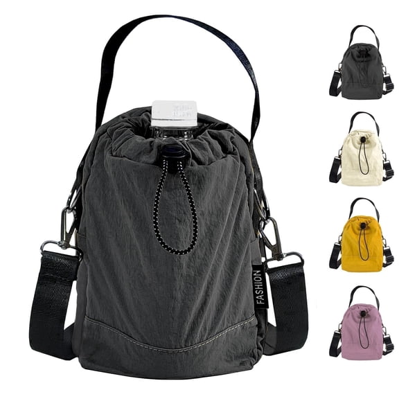 KXF Women's Nylon Drawstring Crossbody Water Bottle Carrier, Handbag with Shoulder Strap for Travel