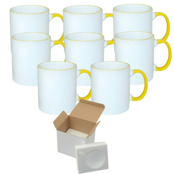 Mugsie 8 Pcs Yellow Sublimation 11oz Rim Handle Mugs With Foam Support Boxes