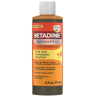 Betadine Antiseptic First Aid Solution Povidone-Iodine 10%, Infection Protection, No Sting, 6 oz