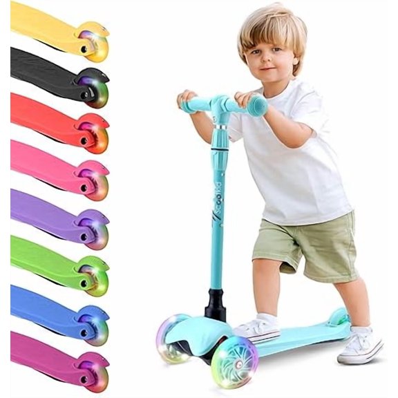Monopatin Scooter para Niños de 2 a 5 Años Hurtle, 3 Ruedas con Luces LED, Mini Kickboard con Freno, Manillar Ajustable de 63 cm a 71 cm, Antideslizante, Patin del Diablo, Verde Azulado