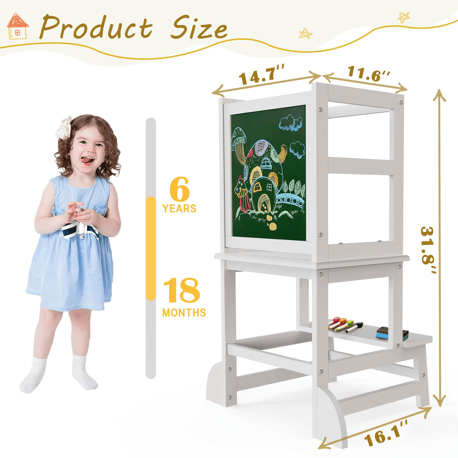 G TALECO GEAR Toddler Kitchen Stool Helper, Step Stool for Kids with Chalkboard Safety Rail for Toddlers 18 Months and Older (White)