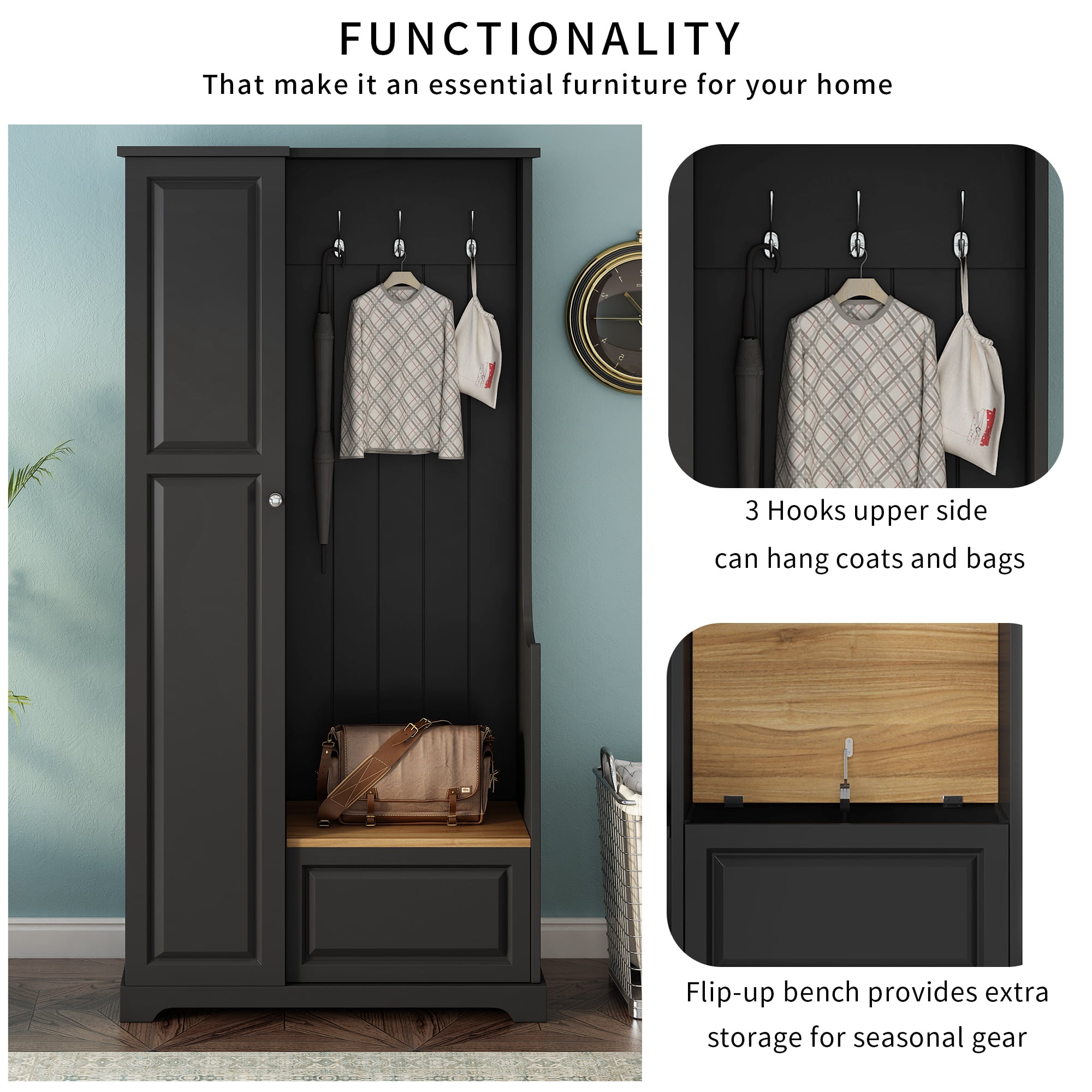 Leumius Hall Tree with Flip-Up Bench, Minimalist Hallway Shoe Cabinet with Adjustable Shelves, Multifunctional Furniture with Hanging Hooks for Entryways, Mudroom, Black