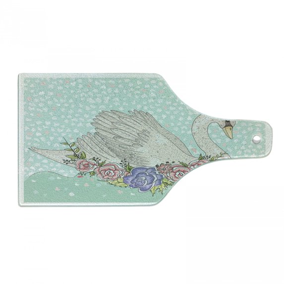 Queen Cutting Board, Cartoon Swan on Water Crown Flowers Dreamy Playroom, Decorative Tempered Glass Cutting and Serving Board, Wine Bottle Shape, Mint Green Beige Coral, by Ambesonne