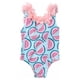 thumbnail image 1 of Traje de baño para niños con estampado de sandía y decoración de flores en 3D, traje de baño de una pieza para niña para playa, rosa y azul, 120 cm/47,2 pulgadas, 1 of 12