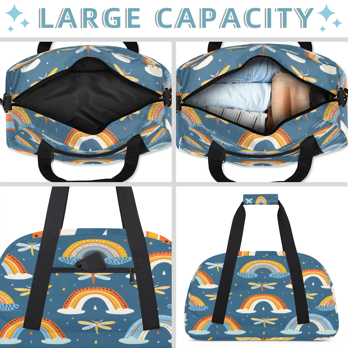 Herdesigns Dragonfly Sports Duffle Bag for Women & Men, Cute Rainbow Gym Bag Dance Bag Overnight Bag Carry On Weekender Travel Bag