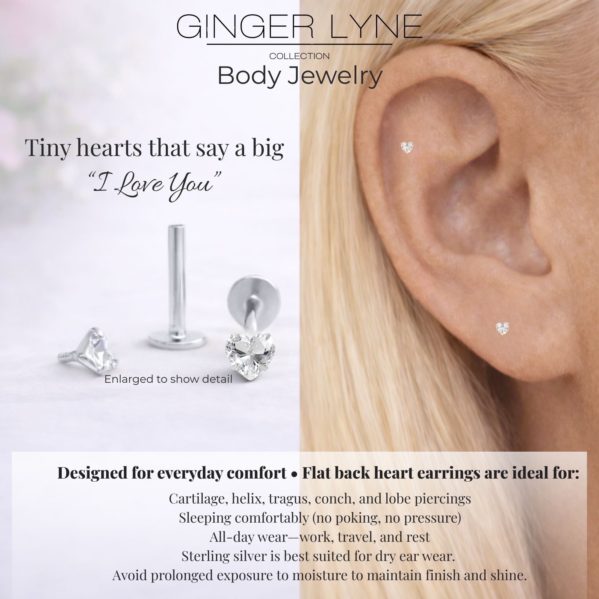 Ginger Lyne Solitaire Heart Flat Back Stud Earrings Sterling Silver Cubic Zirconia Body Jewelry