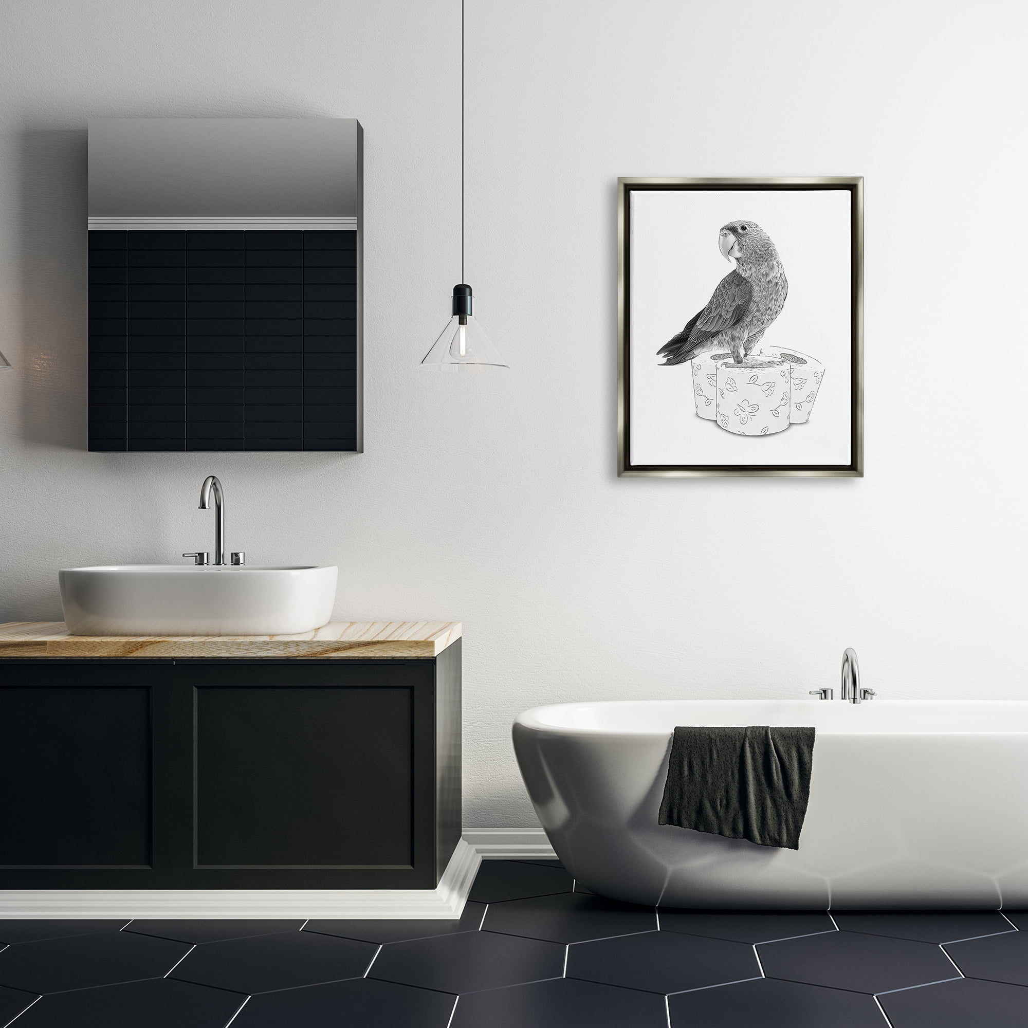 Stupell Industries Parrot & Toilet Paper Bathroom Animals & Insects Painting Gray Floater Framed Art Print Wall Art