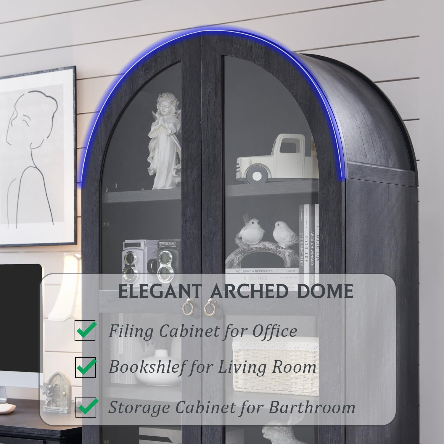 71" Tall Arched Bookshelf, 4-Tier Bookcase with Glass Doors and Shelves, Wooden Display Cabinet w/2 Large Storage Drawers
