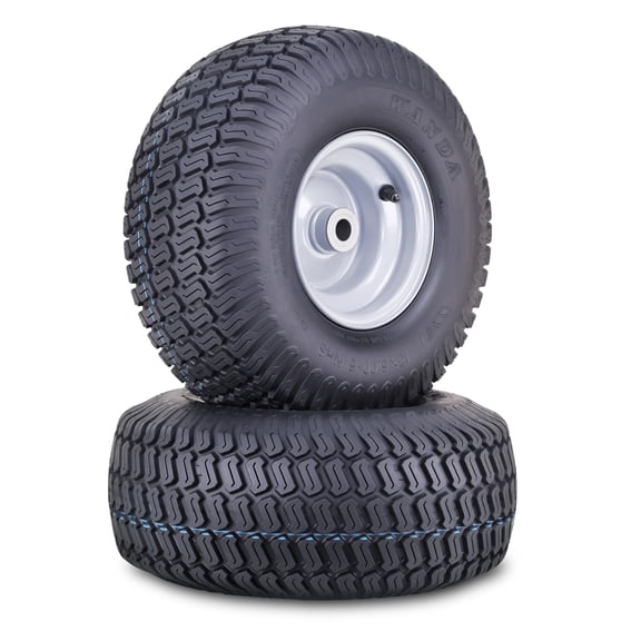 WANDA Lawn Mower Tractor Tire Wheel Assembly 15X6-6 4-Ply P332 with 3/4" Bushing 3" Center Hub Silver Wheel-13016,SET 2